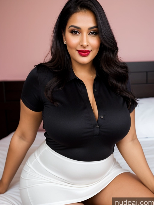 ai nude image of there is a woman sitting on a bed wearing a black shirt pics of Woman One Perfect Boobs Beautiful Lipstick Big Ass Chubby Long Legs Perfect Body 30s Happy Seductive Pouting Lips Black Hair Ponytail Indian Bedroom Front View Spreading Legs Dress Long Skirt Polo Shirt