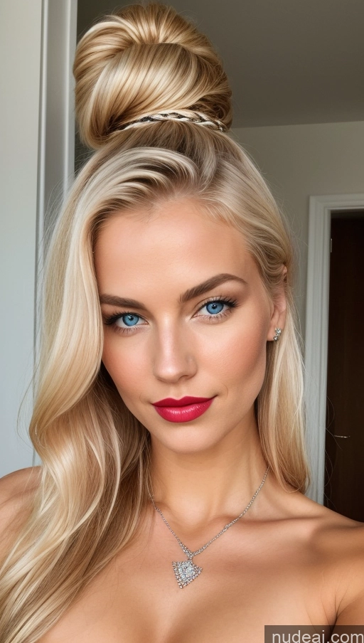 ai nude image of a close up of a woman with a very long blond hair pics of Perfect Boobs Beautiful Lipstick Perfect Body Seductive Hair Bun Scandinavian Diamond Jewelry 20s