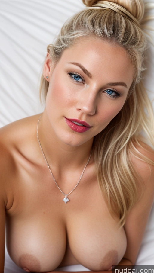 ai nude image of blond woman with big breast laying on bed with white sheets pics of Perfect Boobs Beautiful Lipstick Perfect Body Hair Bun Scandinavian Diamond Jewelry 20s On Back Orgasm