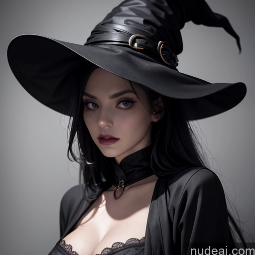 ai nude image of witch with black hat and black lingersuit posing for a picture pics of Woman One Seductive Sexy Face Black Hair Long Hair White Close-up View Witch Goth Dark Lighting Hat