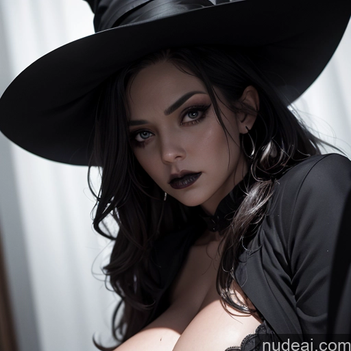 related ai porn images free for Woman One Seductive Sexy Face Black Hair Long Hair White Close-up View Witch Goth Dark Lighting Hat Serious Huge Boobs