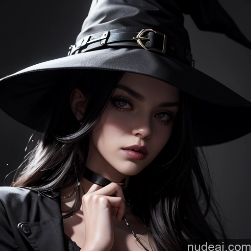 ai nude image of arafed woman wearing a black hat and a black dress pics of Woman One Seductive Sexy Face Black Hair Long Hair White Close-up View Witch Goth Dark Lighting Hat Serious 18 Busty