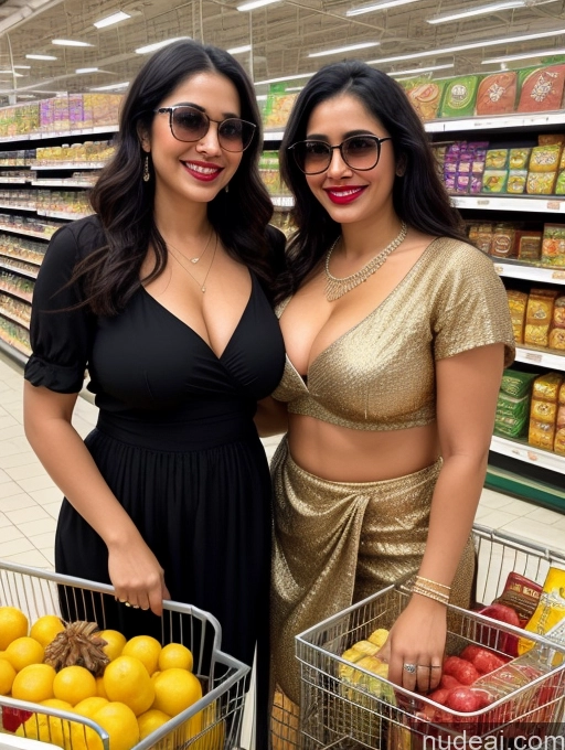 ai nude image of two women in a grocery store with a basket of fruit pics of Woman Two Perfect Boobs Beautiful Sunglasses Lipstick Chubby Perfect Body Pubic Hair Fairer Skin 30s Happy Black Hair Indian Warm Anime Grocery Traditional Pearl Jewelry Detailed