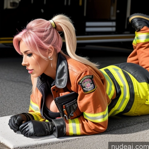 ai nude image of blond haired woman in firefighter's gear laying on the ground pics of One Busty 30s Sexy Face Pink Hair Pigtails Portuguese Side View Plank Firefighter Leather Transparent Huge Boobs Perfect Boobs Bimbo