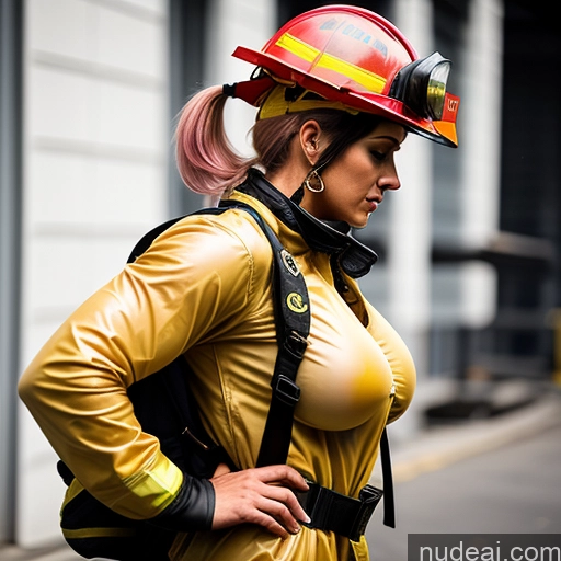 ai nude image of there is a woman in a fireman's uniform with a helmet on pics of One Busty 30s Sexy Face Pink Hair Pigtails Portuguese Side View Plank Firefighter Leather Transparent Perfect Boobs Bodybuilder Partially Nude