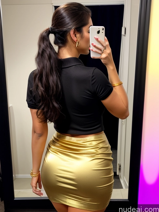 ai nude image of araffe woman taking a selfie in a mirror in a gold skirt pics of Woman Perfect Boobs Beautiful Lipstick Big Ass Chubby Long Legs Perfect Body 30s Seductive Black Hair Ponytail Indian Dress Long Skirt Polo Shirt Several Strip Club Sexy Face Simple Dark Lighting Gold Jewelry Mirror Selfie