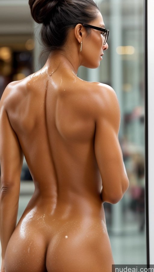 ai nude image of araffe woman with a very big ass standing in front of a mirror pics of Woman Glasses Perfect Body Tanned Skin Seductive Black Hair Hair Bun Indian Skin Detail (beta) Nude Detailed Bright Lighting 30s Perfect Boobs Muscular Abs Cumshot Mall Beautiful Back View