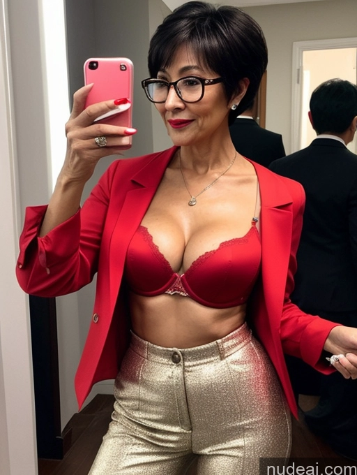 related ai porn images free for Milf Perfect Boobs Beautiful Glasses Perfect Body 70s Pixie Chinese Party Blouse Bra Jacket Stylish Suit Cleavage Dark Lighting Detailed Mirror Selfie