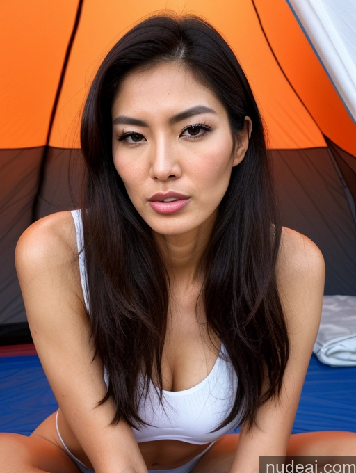 ai nude image of arafed asian woman sitting on a bed with an orange and black tent pics of Beautiful Tall Perfect Body Long Legs Fairer Skin Sad Serious Seductive Sexy Face Long Hair 80s 90s Professor Teacher Angry 30s Pubic Hair Orgasm Shocked Oiled Body Miss Universe Model Tent Korean