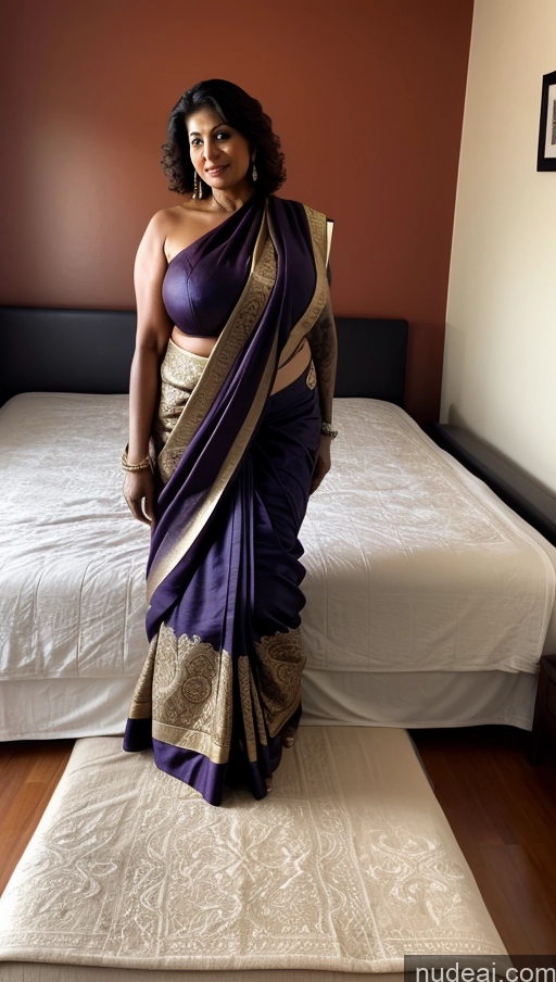 ai nude image of there is a woman standing on a mattress in a bedroom pics of Milf Huge Boobs Beautiful Tattoos Muscular Big Ass Thick Tall Dark Skin 50s Seductive Bedroom T-pose Sexy Face Long Legs Ginger Front View Fat Indian Sari