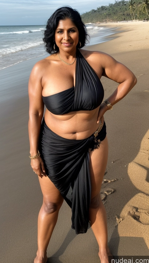 ai nude image of arafed woman in a black bikini posing on the beach pics of Milf Huge Boobs Beautiful Tattoos Muscular Big Ass Thick Tall Dark Skin 50s Seductive T-pose Sexy Face Long Legs Fat Indian Sari Close-up View Black Hair Beach