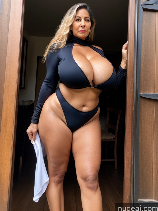 ai nude image of araffe woman in a black swimsuit standing in a doorway pics of Milf One Busty Huge Boobs Tanned Skin Brazilian Front View Lumberjack Microkini Vampire Thong 70s