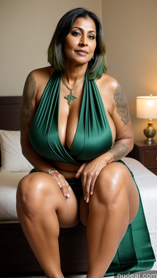 ai nude image of there is a woman sitting on a bed with a green dress pics of Milf Huge Boobs Beautiful Tattoos Muscular Big Ass Thick Tall Dark Skin Seductive Sexy Face Long Legs Indian Close-up View 60s T-pose Bedroom Sari Fat Green Hair