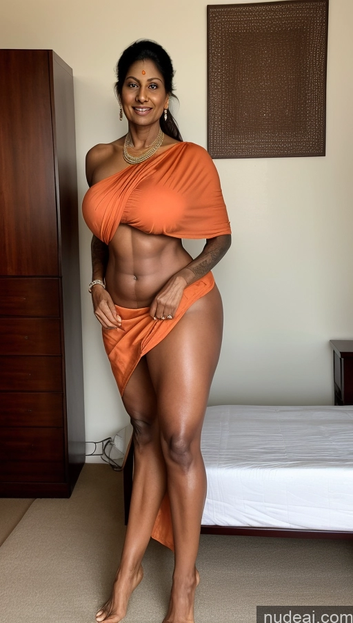 ai nude image of arafed woman in an orange dress posing in a bedroom pics of Milf Huge Boobs Beautiful Tattoos Big Ass Thick Tall Dark Skin Sexy Face Long Legs Indian T-pose Bedroom Seductive Abs Muscular 50s Front View Sari Blouse Ginger Ponytail