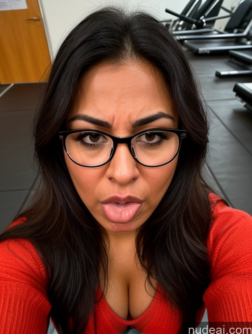 ai nude image of arafed woman with glasses and a red sweater making a funny face pics of Woman One Perfect Boobs Beautiful Perfect Body Pubic Hair Tanned Skin 20s Black Hair Long Hair Latina Front View Blowjob Jewelry Glasses Gym Sweater Cleavage Angry