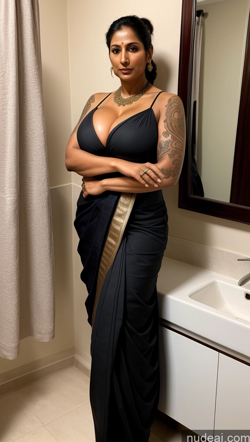 ai nude image of there is a woman standing in a bathroom with a black dress pics of Milf Huge Boobs Beautiful Tattoos Big Ass Thick Tall Dark Skin Sexy Face Indian Seductive 50s Ginger Ponytail Bathroom Sari Close-up View Abs T-pose