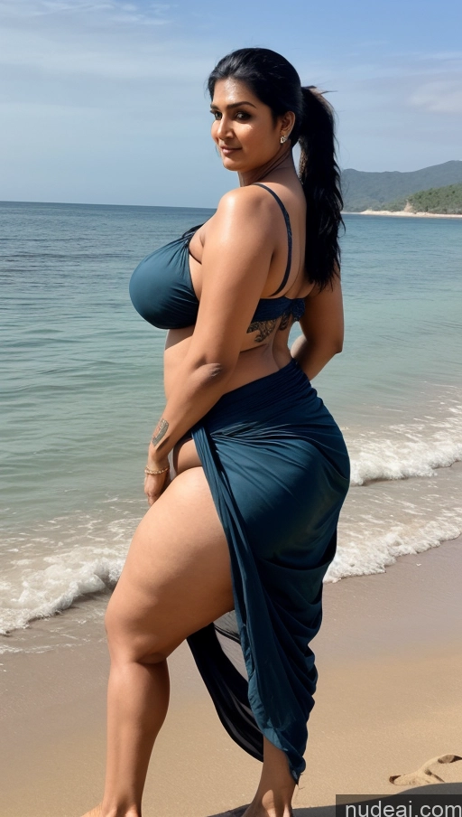 ai nude image of araffe woman in a blue dress standing on the beach pics of Milf Huge Boobs Beautiful Tattoos Big Ass Thick Tall Dark Skin Sexy Face Indian Ponytail Sari T-pose Front View Black Hair Fat Seductive 50s Beach