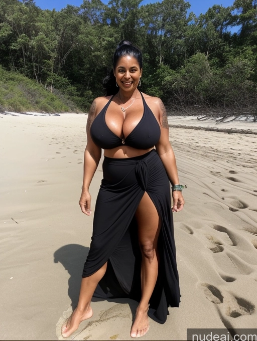 ai nude image of a woman in a black bikini and a black skirt on a beach pics of Milf Busty Huge Boobs Beautiful Tattoos Muscular Big Ass Abs Thick Big Hips Tall Dark Skin 50s Laughing Black Hair Ponytail Indian Beach Front View T-pose Bikini Long Skirt Dark Lighting Sexy Face