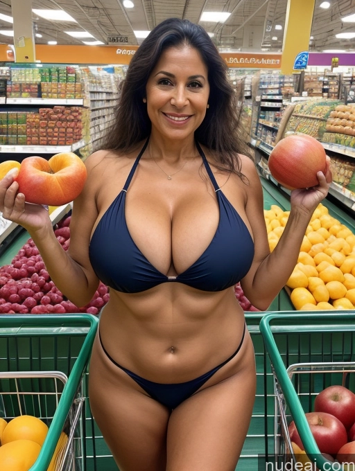 ai nude image of arafed woman in a bikini holding apples in a grocery store pics of Milf One Busty Huge Boobs Tanned Skin 70s Brazilian Front View Microkini Professor Thong Lab Coat Grocery