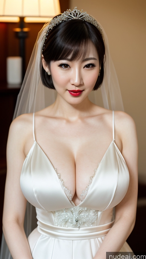 ai nude image of arafed woman in a wedding dress with a tiara and a veil pics of Woman One Beautiful Fairer Skin 30s Black Hair Close-up View Detailed Japanese Huge Boobs Lipstick Bobcut Wedding