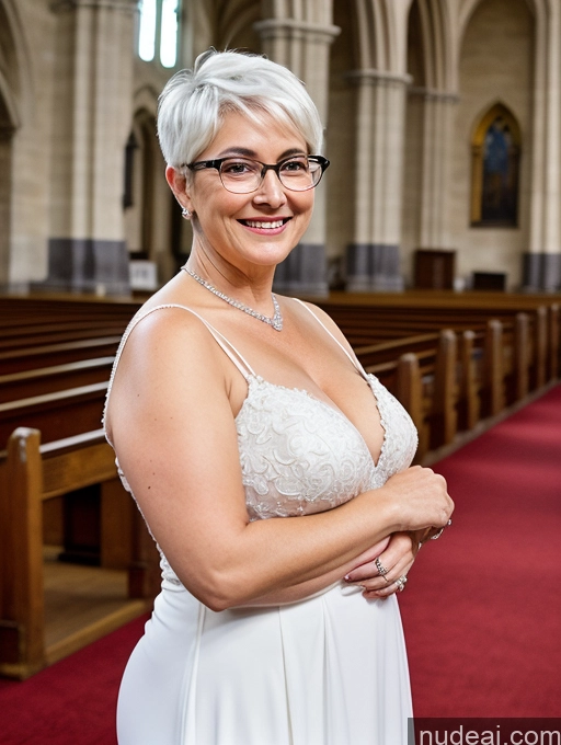 ai nude image of there is a woman in a white dress standing in a church pics of Milf One Busty Big Ass Glasses Chubby Big Hips Short 60s Laughing White Hair Pixie Hungarian Painting Church Front View Wedding Diamond Jewelry Bright Lighting