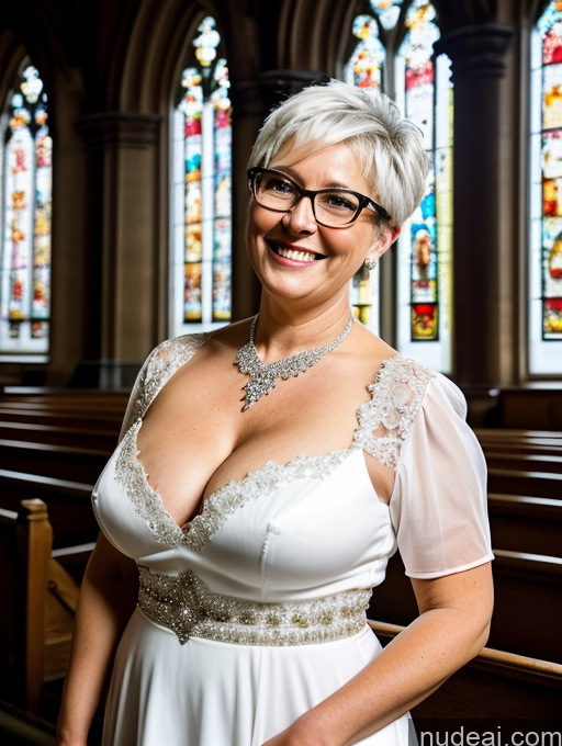 ai nude image of there is a woman in a wedding dress standing in a church pics of Milf One Busty Big Ass Glasses Chubby Big Hips Short 60s Laughing White Hair Pixie Painting Church Front View Wedding Diamond Jewelry Bright Lighting German