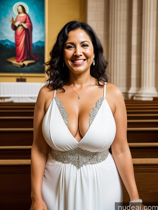 ai nude image of arafed woman in a white dress standing in front of a painting pics of Milf One Busty Big Ass Chubby Big Hips Short 60s Laughing Painting Church Front View Wedding Diamond Jewelry Bright Lighting Latina Black Hair Long Hair