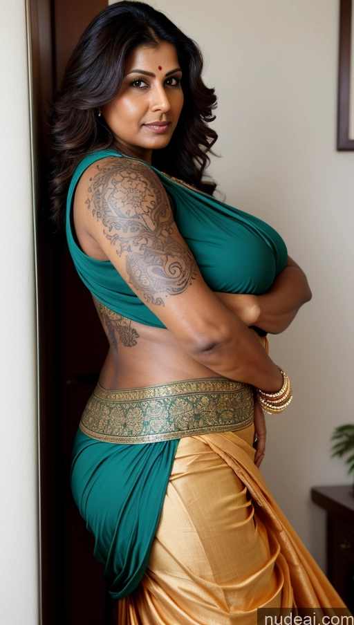 ai nude image of arafed woman in a green sari posing for a picture pics of Milf Huge Boobs Beautiful Tattoos Muscular Big Ass Thick Tall Dark Skin 50s Seductive Indian Close-up View Sexy Face Brunette Fat Bedroom Blouse Sari T-pose