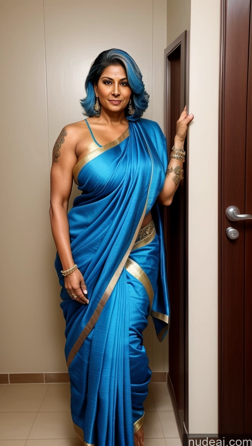 ai nude image of a woman in a blue sari posing for a picture pics of Milf Huge Boobs Beautiful Tattoos Muscular Big Ass Thick Tall Dark Skin Seductive Indian Sexy Face Long Legs Close-up View T-pose 50s Sari Blue Hair Bathroom Chubby