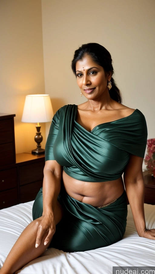 ai nude image of there is a woman sitting on a bed in a green dress pics of Milf Huge Boobs Beautiful Tattoos Muscular Big Ass Thick Tall Dark Skin Seductive Indian Sexy Face Long Legs 50s Close-up View Ginger Ponytail Fat Blouse Sari Bedroom T-pose