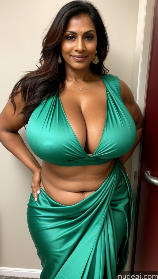 ai nude image of a close up of a woman in a green dress posing for a picture pics of Milf Huge Boobs Beautiful Tattoos Muscular Big Ass Thick Fat Tall Dark Skin 50s Seductive Ginger Indian Close-up View T-pose Sexy Face Blouse Sari Busty Changing Room