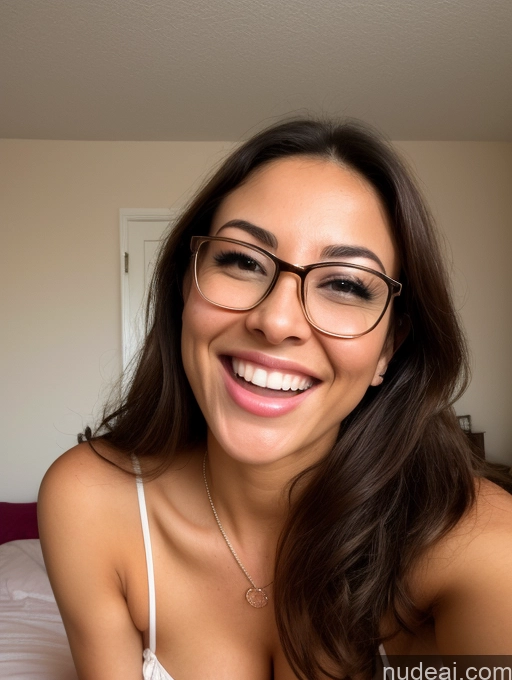 ai nude image of smiling woman in glasses sitting on a bed with a white sheet pics of Woman One Perfect Boobs Glasses Beautiful Short Perfect Body Tanned Skin Pubic Hair 20s Happy Brunette Long Hair Latina Bedroom Front View Blowjob Jewelry Nightgown