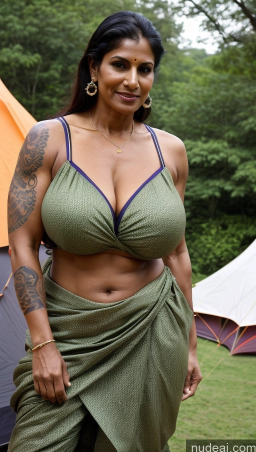 ai nude image of araffe woman in a green dress standing in front of a tent pics of Milf Huge Boobs Beautiful Tattoos Muscular Big Ass Thick Tall Dark Skin 50s Seductive Indian Sexy Face Tent Front View Jumping Abs Blouse Sari Green Hair