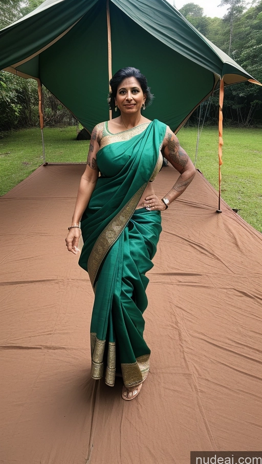 ai nude image of there is a woman in a green sari standing in front of a tent pics of Milf Huge Boobs Beautiful Tattoos Muscular Big Ass Thick Tall Dark Skin Seductive Indian Sexy Face Tent Front View Jumping Abs Blouse Sari Green Hair 60s