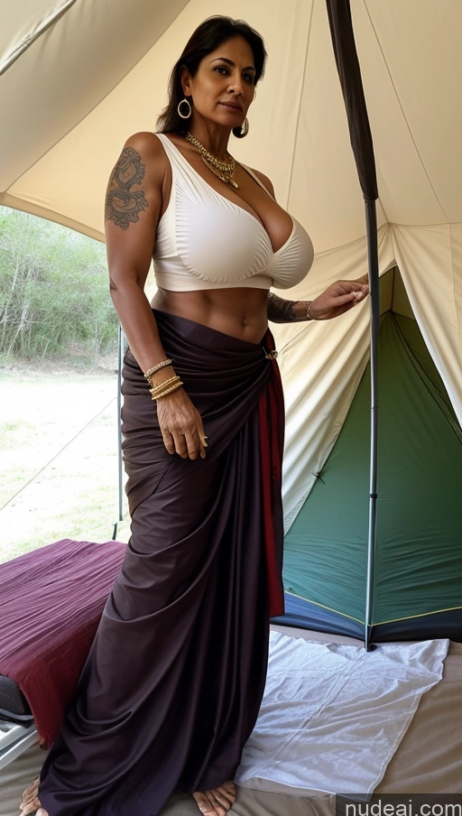 ai nude image of there is a woman standing in a tent with a large belly pics of Milf Huge Boobs Beautiful Tattoos Muscular Big Ass Thick Tall Dark Skin Seductive Indian Sexy Face Tent Jumping Abs Blouse Sari 60s Ginger Front View