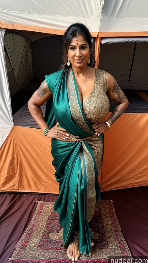 ai nude image of araffe woman in a sari posing for a picture in front of a tent pics of Milf Huge Boobs Beautiful Tattoos Muscular Big Ass Thick Tall Dark Skin Seductive Indian Sexy Face Tent Abs Ponytail T-pose Brunette 50s Blouse Sari Front View