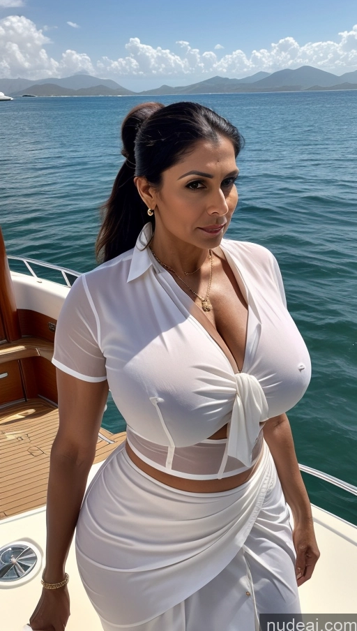 ai nude image of araffed woman in white dress on a boat in the ocean pics of Milf Huge Boobs Beautiful Tattoos Muscular Big Ass Thick Tall Dark Skin Seductive Indian Sexy Face Abs Ponytail T-pose Brunette 50s Blouse Sari Front View Yacht