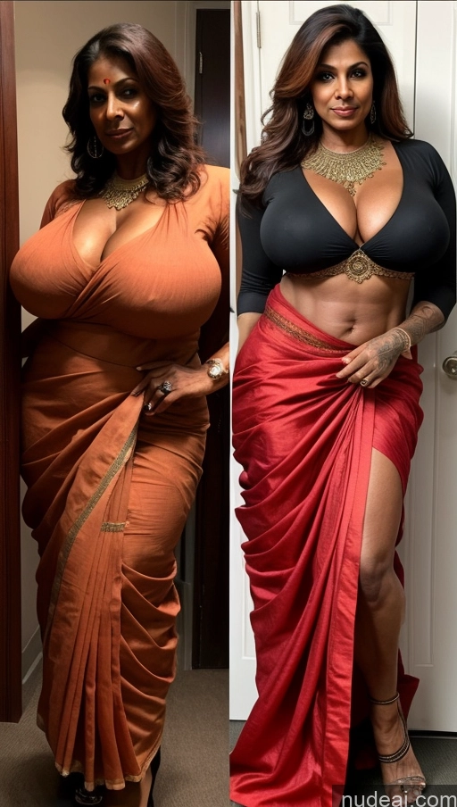 ai nude image of two pictures of a woman in a red sari and a woman in a black top pics of Milf Huge Boobs Beautiful Tattoos Muscular Big Ass Thick Tall Dark Skin Seductive Indian Sexy Face 50s Ginger Hell Abs T-pose Perfect Body Blouse Sari Front View