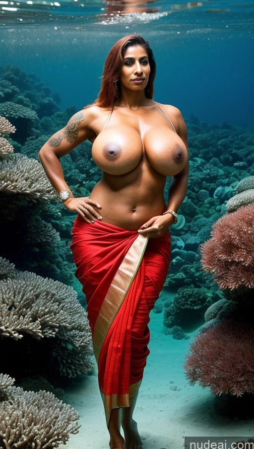 ai nude image of arafed woman in a sari posing in the water pics of Milf Huge Boobs Beautiful Tattoos Muscular Big Ass Tall Dark Skin Seductive Indian Sexy Face 50s Ginger Abs T-pose Perfect Body Front View Sari Underwater