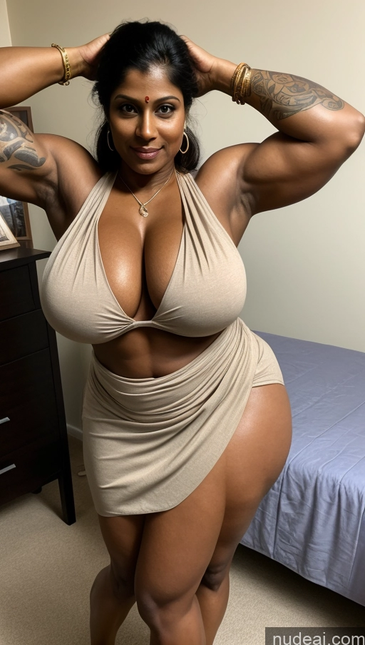 ai nude image of araffe woman in a tan dress posing for a picture pics of Bodybuilder Busty Huge Boobs Beautiful Tattoos Muscular Big Ass Thick Tall Dark Skin 50s Sexy Face Seductive Indian Front View T-pose Detailed Blouse Sari Bedroom Abs Ginger