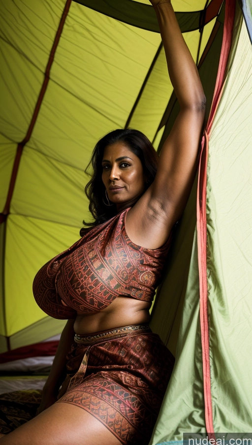 ai nude image of there is a woman in a bikini sitting in front of a tent pics of Busty Huge Boobs Beautiful Tattoos Muscular Big Ass Thick Tall Dark Skin 50s Sexy Face Seductive Indian Detailed Ginger Abs Milf Blouse Sari Tent Front View Jumping