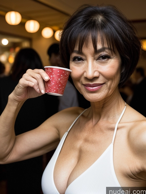 ai nude image of there is a woman holding a cup of coffee in her hand pics of Milf Perfect Body Perfect Boobs Beautiful Pubic Hair 70s Sexy Face Short Hair Japanese Stylish Professor Detailed Cleavage Party Dark Lighting