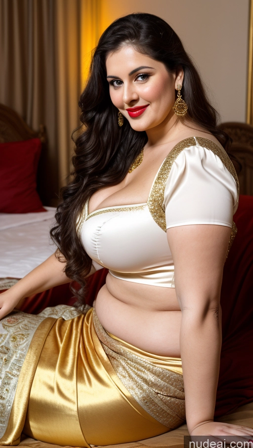 ai nude image of araffe woman in a gold and white sari sitting on a bed pics of Milf Busty Beautiful Lipstick Thick Chubby Big Hips Fat Fairer Skin 20s Happy Seductive Brunette Long Hair Russian Party Front View Straddling Sari Blouse Dirndl Victorian Cleavage Gold Jewelry