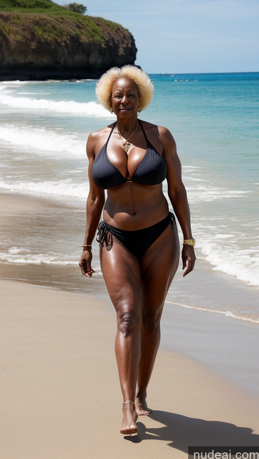 ai nude image of there is a woman walking on the beach in a bikini pics of Milf One Huge Boobs Big Ass Thick Seductive Front View T-pose Sexy Face Beautiful Tattoos Muscular Abs Tall Dark Skin Ginger Black 80s Beach Bikini Long Skirt