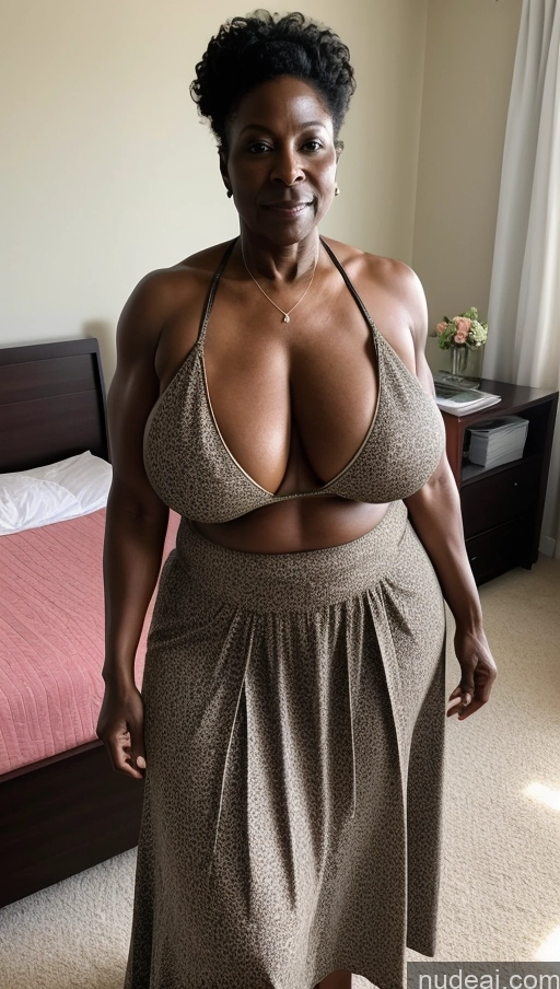 ai nude image of arafed woman in a bikini top and skirt posing for a picture pics of Milf One Huge Boobs Big Ass Seductive Sexy Face Beautiful Tattoos Muscular Abs Tall Dark Skin Black 80s Bikini Long Skirt Bedroom T-pose Brunette Thick Front View