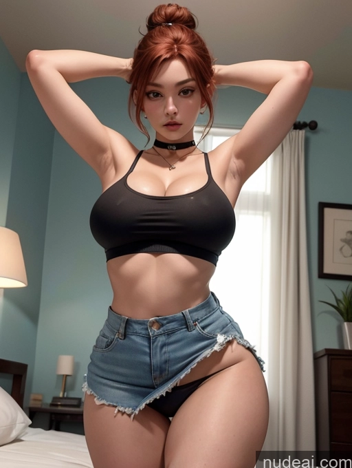 related ai porn images free for Woman Huge Boobs Perfect Boobs Skinny 18 Ginger Hair Bun Bedroom Choker Crop Top Micro Skirt Panties T-pose