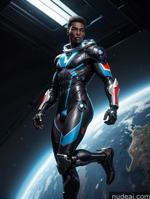 related ai porn images free for Dark Lighting Pilot Space Suit Dynamic View Science Fiction Style Sci-fi Armor Muscular Abs Thick Tall Perfect Body Black Cyborg Dark Skin Tanned Skin Jumping