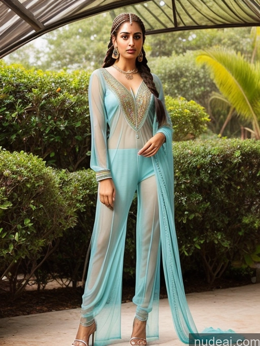 ai nude image of a woman in a blue and white outfit standing in front of a green bush pics of One Perfect Body Brunette Braided Indian Transparent Jewelry 18 Model Salwar Suit