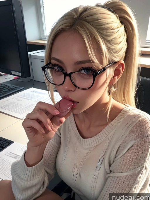 ai nude image of blond woman with glasses and a ponytail eating a piece of food pics of Blonde Simple Ponytail Glasses Chubby Blowjob Secretary Two Dress Stylish Office Woman 50s Sweater Transparent