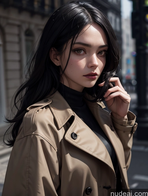 related ai porn images free for Woman One 18 Black Hair Long Hair Serious White Close-up View Street Trench Coat Sweater Dark Lighting Goth